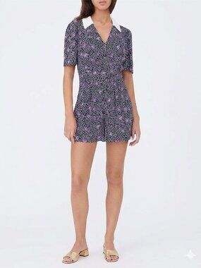 *Maje Navy Purple Floral Romper White Contrast Trim Size 36